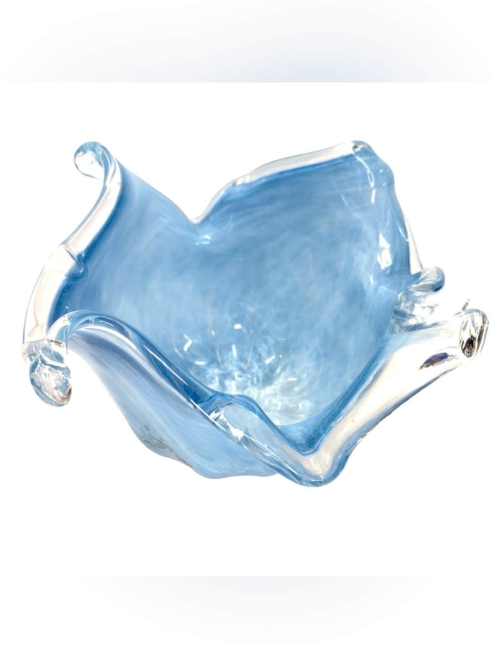 Murano Style Hand-Blown Art Glass "Tulip" Bowl Sky Blue & White Marble Swirl